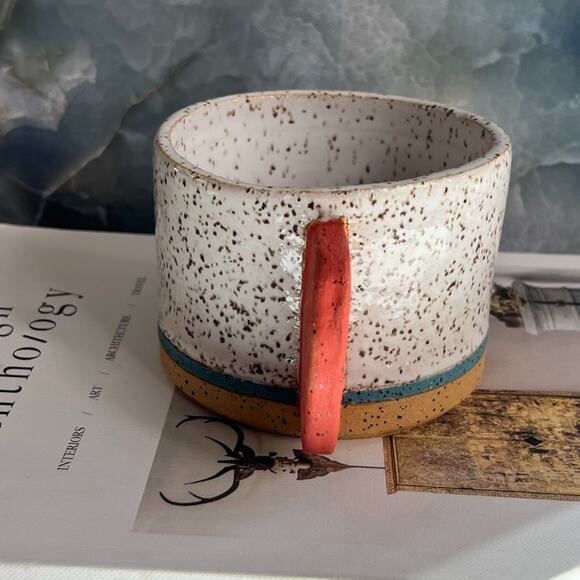 Studio Art Pottery Hand Thrown Mug 3" Speckled White Black Unique Orange Handle - Picture 3 of 12